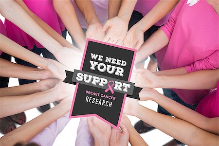 simsearch:400-06932887,k - Hands joined in circle holding breast cancer struggle symbol against breast cancer awareness message Fotografie stock - Microstock e Abbonamento, Codice: 400-07835050