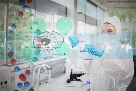 Scientist in protective suit working with green cell diagram interface against dna helix in blue and red with ecg line Stock Photo - Budget Royalty-Free & Subscription, Code: 400-07835285