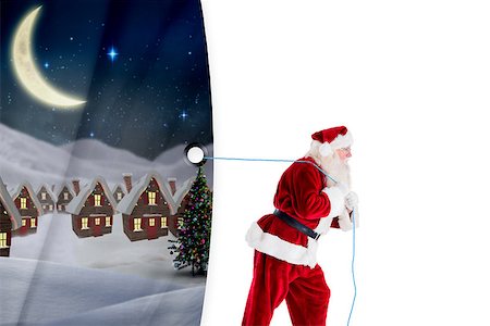 simsearch:6102-07844119,k - Santa claus pulling rope against white curtain blind Stock Photo - Budget Royalty-Free & Subscription, Code: 400-07835340