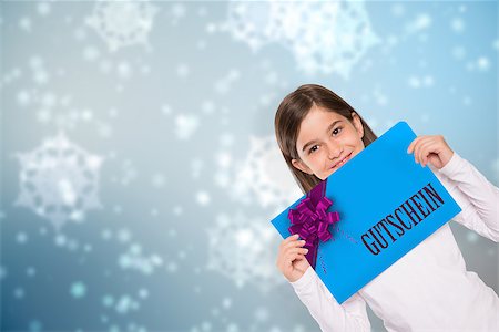 simsearch:400-07834588,k - Cute little girl showing card against digitally generated delicate snowflake design Fotografie stock - Microstock e Abbonamento, Codice: 400-07835390