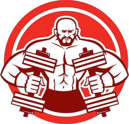 simsearch:400-07835492,k - Illustration of a bodybuilder lifting dumbbell flexing muscles viewed from front set inside circle on isolated background done in retro style. Stockbilder - Microstock & Abonnement, Bildnummer: 400-07835474