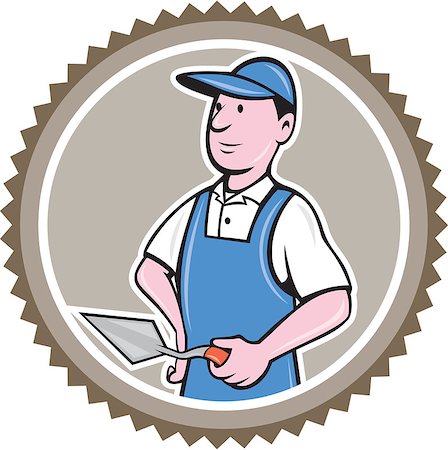 simsearch:400-06737646,k - Illustration of a bricklayer mason plasterer worker standing holding a trowel set inside rosette on isolated background done in cartoon  style. Foto de stock - Super Valor sin royalties y Suscripción, Código: 400-07835477
