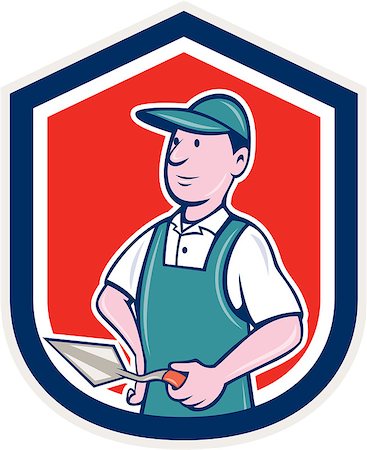 simsearch:400-06737646,k - Illustration of a bricklayer mason plasterer worker standing holding a trowel set inside shield crest on isolated background done in cartoon  style. Foto de stock - Super Valor sin royalties y Suscripción, Código: 400-07835478