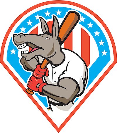 simsearch:400-08617785,k - Illustration of a donkey baseball player holding bat on shoulder batting set inside diamond with american stars and stripes in the background done in cartoon style. Stock Photo - Budget Royalty-Free & Subscription, Code: 400-07835504