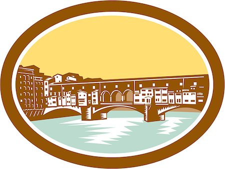 ponte vecchio - Illustration of arch bridge of Ponte Vecchio in Florence, Firenze, Italy spanning river Arno viewed from afar set inside oval done in retro woodcut style. Fotografie stock - Microstock e Abbonamento, Codice: 400-07835509