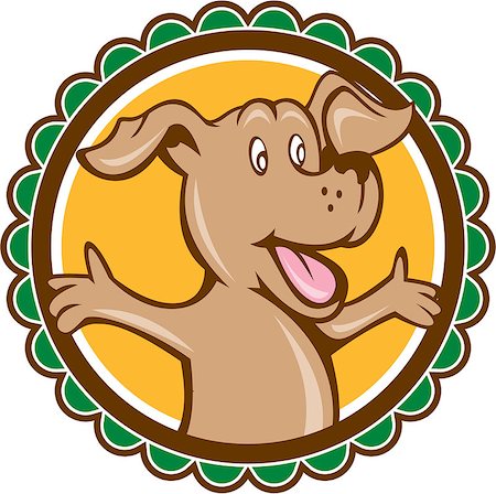 simsearch:400-08627495,k - Illustration of a dog mascot with arms out open welcome welcoming looking to the side set inside rosette shape on isolated background done in cartoon style. Stock Photo - Budget Royalty-Free & Subscription, Code: 400-07835500