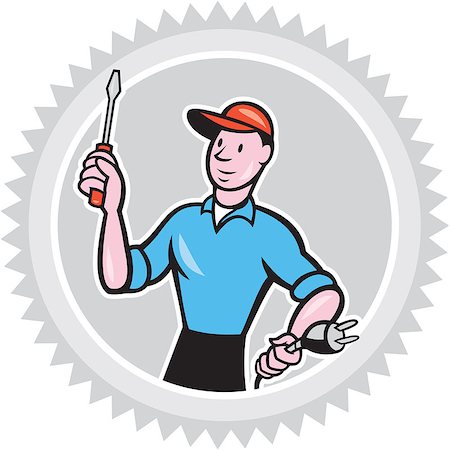 simsearch:400-06737646,k - Illustration of an electrician worker holding screwdriver and electric plug set inside rosette shape on isolated white background done in cartoon style. Foto de stock - Super Valor sin royalties y Suscripción, Código: 400-07835534