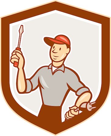simsearch:400-06737646,k - Illustration of an electrician worker holding screwdriver and electric plug set inside shield crest on isolated white background done in cartoon style. Foto de stock - Super Valor sin royalties y Suscripción, Código: 400-07835535