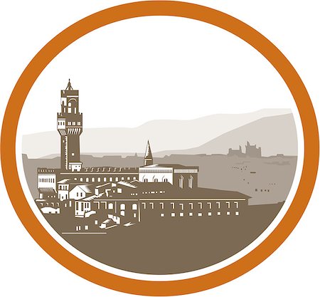 ellipse building - Illustration of the Tower of Palazzo Vecchio in Florence , Firenze, Italy viewed from afar set inside oval done in retro woodcut style. Stock Photo - Budget Royalty-Free & Subscription, Code: 400-07835531