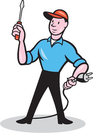 simsearch:400-06737646,k - Illustration of an electrician worker standing holding screwdriver and electric plug on isolated white background done in cartoon style. Foto de stock - Super Valor sin royalties y Suscripción, Código: 400-07835533