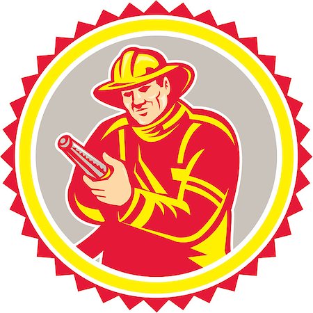 simsearch:400-07617056,k - Illustration of a fireman fire fighter emergency worker holding aiming fire hose viewed from front set inside rosette shape on isolated background done in retro style. Foto de stock - Super Valor sin royalties y Suscripción, Código: 400-07835556