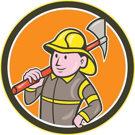 simsearch:400-07429745,k - Illustration of a fireman fire fighter emergency worker holding axe on shoulder set inside circle on isolated background done in retro style. Stock Photo - Budget Royalty-Free & Subscription, Code: 400-07835564