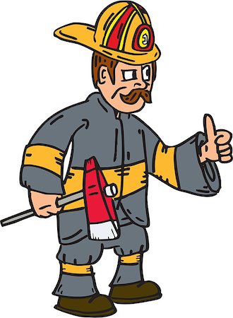 simsearch:400-07429745,k - Illustration of a fireman fire fighter emergency worker thumbs up holding axe facing to the side set on isolated white background done in cartoon style. Stock Photo - Budget Royalty-Free & Subscription, Code: 400-07835565