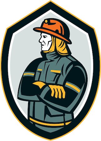 simsearch:400-07617056,k - Illustration of a fireman fire fighter emergency worker arms folded looking to the side set inside shield crest on isolated background done in retro style. Foto de stock - Super Valor sin royalties y Suscripción, Código: 400-07835563