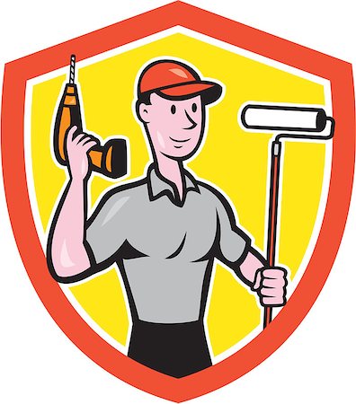 simsearch:400-06737646,k - Illustration of a house painter handyman holding paint roller and cordless drill set inside shield crest on isolated background done in cartoon style. Foto de stock - Super Valor sin royalties y Suscripción, Código: 400-07835586