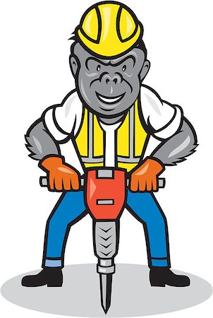 pressluftbohrer - Illustration of a gorilla ape construction worker standing wearing hard hat with jackhammer set on isolated white background done in cartoon style. Stockbilder - Microstock & Abonnement, Bildnummer: 400-07835580