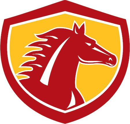 simsearch:400-08620286,k - Illustration of a horse head angry looking to side set inside shield crest on isolated background done in retro style. Foto de stock - Super Valor sin royalties y Suscripción, Código: 400-07835595
