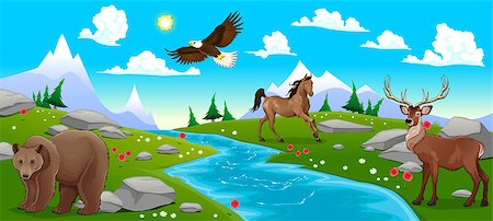 eagle river - Mountain landscape with river and animals. Cartoon and vector illustration Foto de stock - Royalty-Free Super Valor e Assinatura, Número: 400-07836269