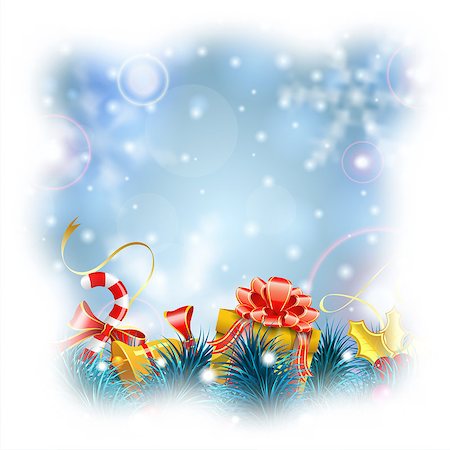 simsearch:400-05752422,k - Christmas Blurred Bokeh Background with Snowflakes, Gift, Fir Branches, Gold Streamer and Candy, vector illustration. Photographie de stock - Aubaine LD & Abonnement, Code: 400-07836360