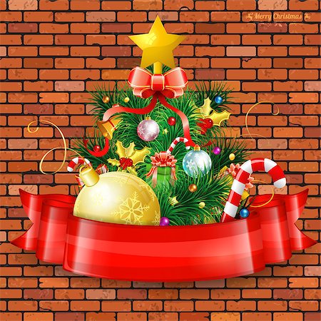 simsearch:400-08712804,k - Christmas Tree with Candy, Fir Branches, Mistletoe and Gift in Red Ribbon on Brick Wall background, vector illustration. Stock Photo - Budget Royalty-Free & Subscription, Code: 400-07836361