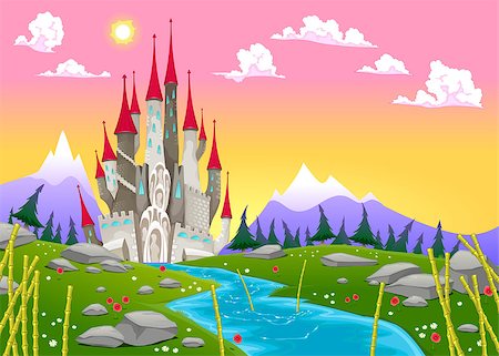 simsearch:400-07507914,k - Fantasy mountain landscape with medieval castle. Vector cartoon illustration Photographie de stock - Aubaine LD & Abonnement, Code: 400-07836380