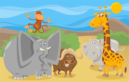 simsearch:400-07309626,k - Cartoon Illustration of Scene with Wild African Safari Animals Characters Group Foto de stock - Super Valor sin royalties y Suscripción, Código: 400-07836426