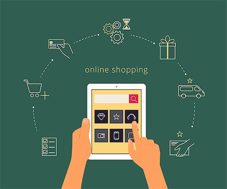simsearch:400-08293585,k - Vector illustration of online shopping with realistic computer and contour icons Stock Photo - Budget Royalty-Free & Subscription, Code: 400-07837175