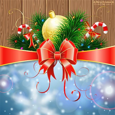 simsearch:400-06430253,k - Christmas Greeting Card with Fir Branches, Candy, Bauble and Streamer on Wooden Boards background, vector illustration. Stock Photo - Budget Royalty-Free & Subscription, Code: 400-07837196