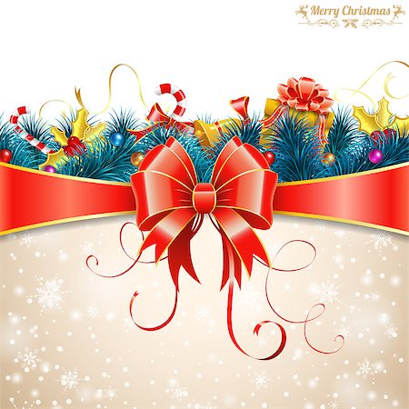 simsearch:400-08712804,k - Christmas Greeting Card with Fir Branches, Candy, Gift, Streamer and Bow. Vector illustration. Stock Photo - Budget Royalty-Free & Subscription, Code: 400-07837198
