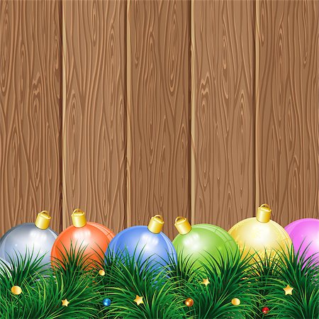 simsearch:400-06430253,k - Christmas Theme with Wooden Boards, Baubles and Fir Branches, vector background. Stock Photo - Budget Royalty-Free & Subscription, Code: 400-07837192