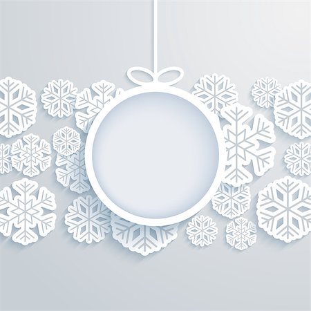 Christmas paper card with hanging toy and snowflakes. Vector illustration. Stock Photo - Budget Royalty-Free & Subscription, Code: 400-07837403