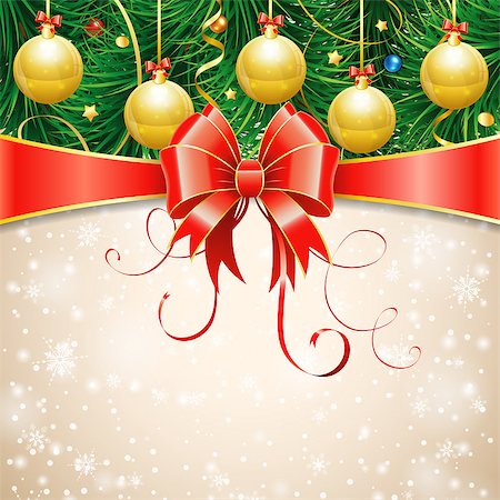 simsearch:400-06430253,k - Christmas Greeting Card with Fir Branches, Baubles, Streamer and Bow. Vector illustration. Stock Photo - Budget Royalty-Free & Subscription, Code: 400-07837420