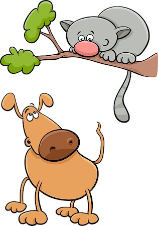 simsearch:400-06127601,k - Cartoon Illustration of Funny Dog Character and Cat on a Tree Branch Photographie de stock - Aubaine LD & Abonnement, Code: 400-07837814