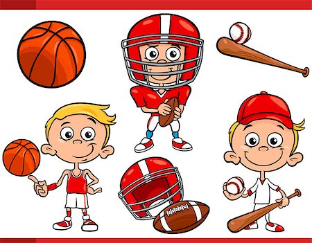 Cartoon Illustration of Funny Boy with American Football and Basketball and Baseball Sport Equipment Stock Photo - Budget Royalty-Free & Subscription, Code: 400-07837834
