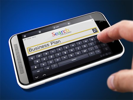 simsearch:400-07308209,k - Business Plan in Search String - Finger Presses the Button on Modern Smartphone on Blue Background. Stock Photo - Budget Royalty-Free & Subscription, Code: 400-07837942