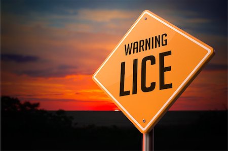 Lice on Warning Road Sign on Sunset Sky Background. Fotografie stock - Microstock e Abbonamento, Codice: 400-07838337