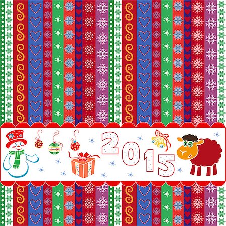 drawing of christmas gift wraps - New Year 2015 vector composition with sheep and snowman on horizontal banner over ornamental striped background Stock Photo - Budget Royalty-Free & Subscription, Code: 400-07838363