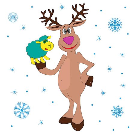 simsearch:400-07223723,k - Christmas Reindeer holding a small sheep, hand drawing cartoon vector illustration Stock Photo - Budget Royalty-Free & Subscription, Code: 400-07838745