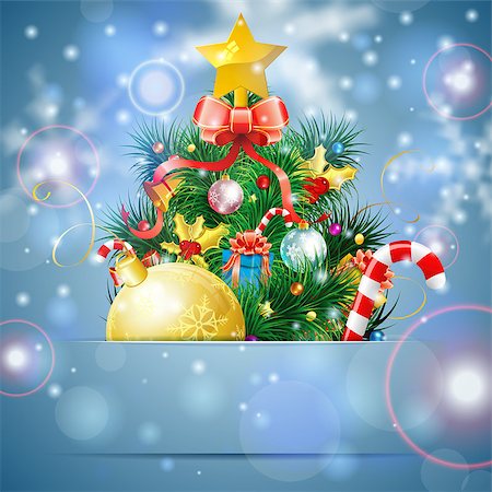 simsearch:400-09142612,k - Christmas Tree with Candy, Fir Branches, Mistletoe and Gift in Pocket on Bright background, vector illustration. Stockbilder - Microstock & Abonnement, Bildnummer: 400-07838756