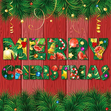 simsearch:400-08712804,k - Christmas Background with Fir Tree, Candy, Branches, Mistletoe and Gift on Red Wooden Boards through Letter, vector illustration. Stock Photo - Budget Royalty-Free & Subscription, Code: 400-07838779