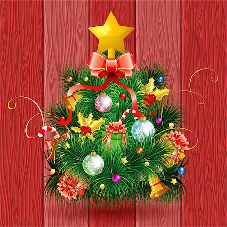 simsearch:400-06430253,k - Christmas Tree with Candy, Fir Branches, Mistletoe and Gift on Red Wooden Boards background, vector illustration. Stock Photo - Budget Royalty-Free & Subscription, Code: 400-07838772