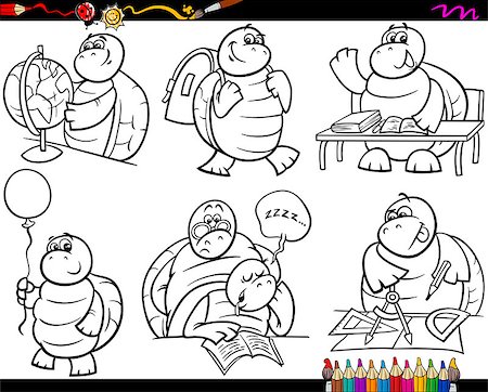 sleeping in a classroom - Coloring Book or Page Cartoon Illustration of Black and White Funny Turtle Animal Character at School for Children Stock Photo - Budget Royalty-Free & Subscription, Code: 400-07838971