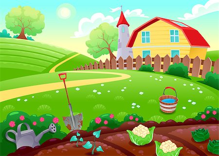 Funny countryside scenery with vegetable garden. Cartoon vector illustration Stock Photo - Budget Royalty-Free & Subscription, Code: 400-07839297