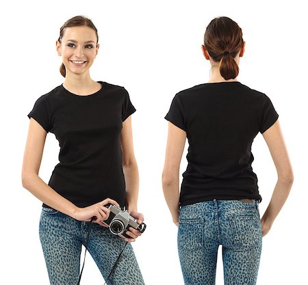 shirt front back model - Photo of a beautiful brunette woman with blank black shirt. Ready for your design or artwork. Stock Photo - Budget Royalty-Free & Subscription, Code: 400-07839528