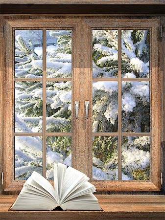 snow house window - Open book on wooden windowsill Stock Photo - Budget Royalty-Free & Subscription, Code: 400-07830771