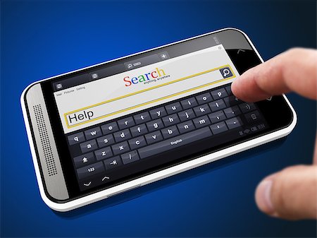 simsearch:400-07222960,k - Help in Search String - Finger Presses the Button on Modern Smartphone on Blue Background. Fotografie stock - Microstock e Abbonamento, Codice: 400-07830900