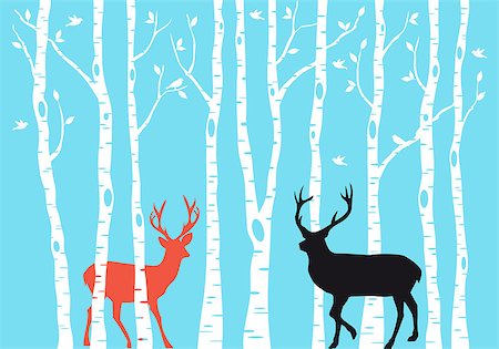 simsearch:400-08407796,k - Reindeer with birch tree forest, Christmas card, vector Foto de stock - Royalty-Free Super Valor e Assinatura, Número: 400-07831124