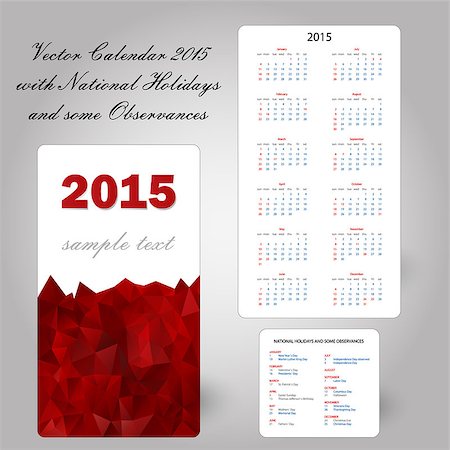 usa red calendar card 2015 with national holidays and some observances in triangular design - copy space Photographie de stock - Aubaine LD & Abonnement, Code: 400-07831277