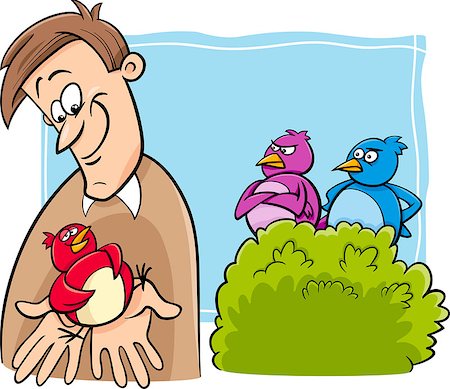 simsearch:400-07410472,k - Cartoon Humor Concept Illustration of A Bird in the Hand is Worth Two in the Bush Saying or Proverb Stock Photo - Budget Royalty-Free & Subscription, Code: 400-07831314