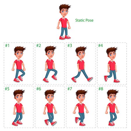 Animation of boy walking. Eight walking frames + 1 static pose. Vector cartoon isolated character/frames. Stock Photo - Budget Royalty-Free & Subscription, Code: 400-07831345